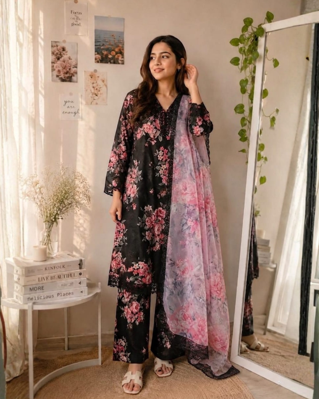 Black Floral Lawn Suit