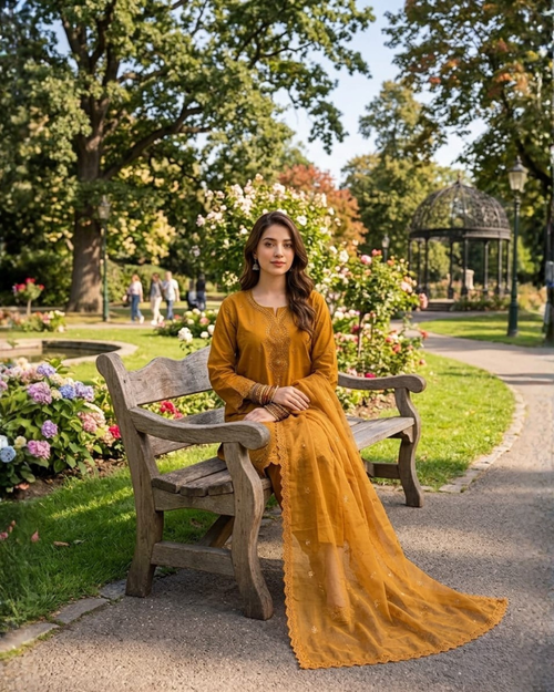 Embroided Golden Mustard Suit