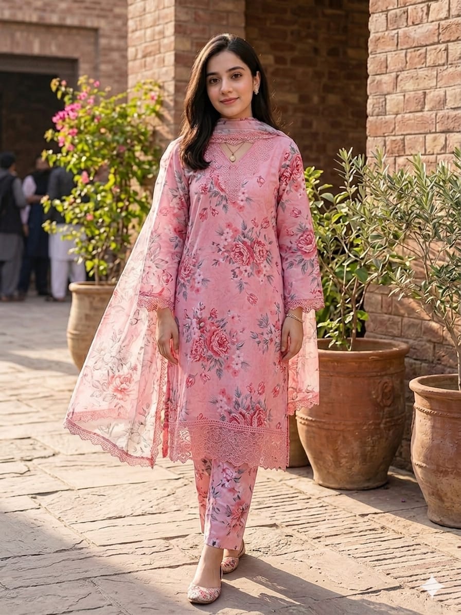 Embroided Pastel Pink-Unstitched Suit